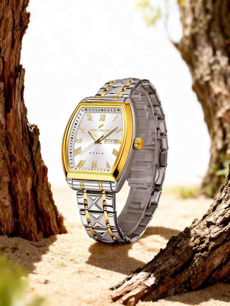 Daniel Hechter Duroc Collection Luxury Watch for Men with Roman Indices, Day-Date Display and Two-Tone Studded Stainless Steel Strap (White) - Image 5