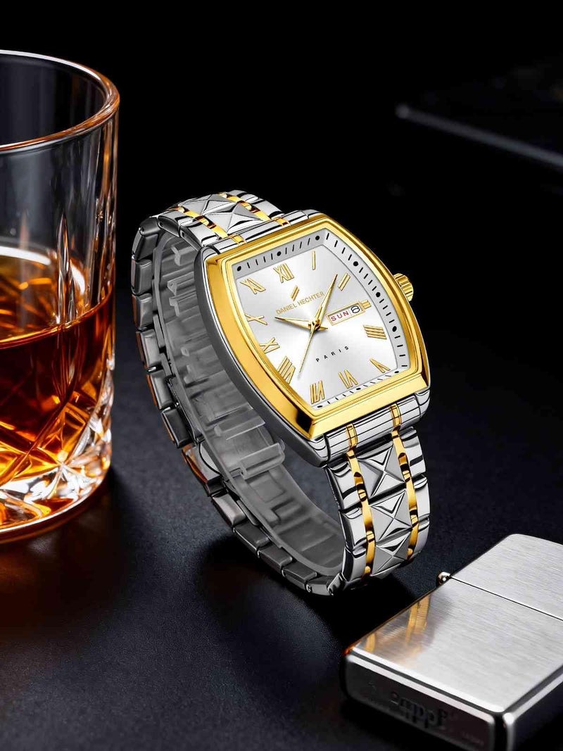 Daniel Hechter Duroc Collection Luxury Watch for Men with Roman Indices, Day-Date Display and Two-Tone Studded Stainless Steel Strap (White) - Image 4