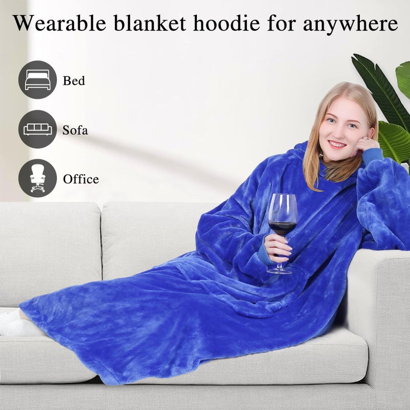 كيه بي بليس Kpblis هوديي بطانية يمكن ارتداؤها للنساء والرجال الضخم الذي يمكن ارتداؤه قميص قميص من النوع الثني دافئ ودافئ بطانية من الصوف العملاقة القابلة للارتداء مع الأكمام والجيب العملاق للبالغين والأطفال الأزرق - Image 3