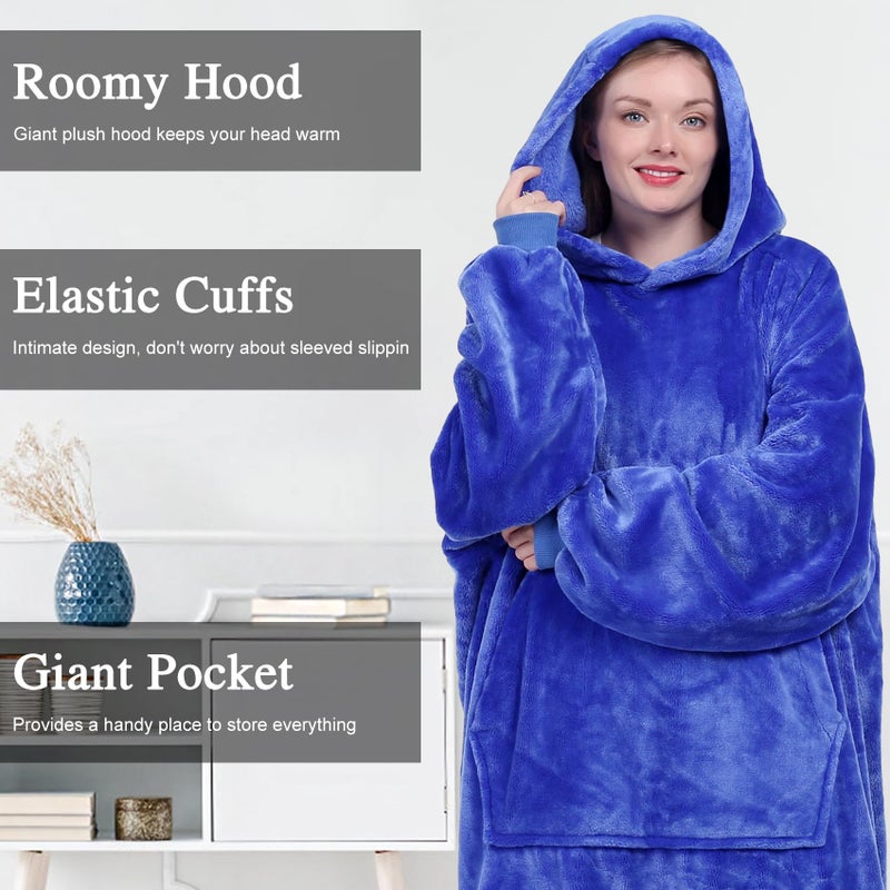 كيه بي بليس Kpblis هوديي بطانية يمكن ارتداؤها للنساء والرجال الضخم الذي يمكن ارتداؤه قميص قميص من النوع الثني دافئ ودافئ بطانية من الصوف العملاقة القابلة للارتداء مع الأكمام والجيب العملاق للبالغين والأطفال الأزرق - Image 5