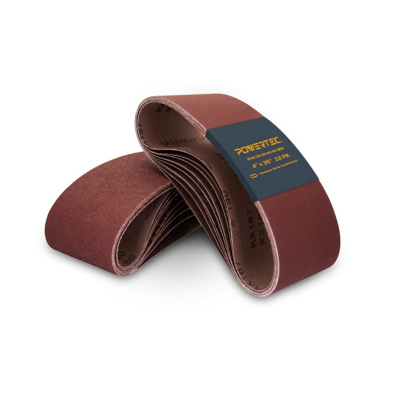 POWERTEC 18PK 4x36 Sanding Belts 3 Each of 6080120150240400 Grits Aluminum Oxide 4 x 36 Inch Sanding Belts for Benchtop Belt and Disc Sander Belt Sandpaper for Woodworking 110118