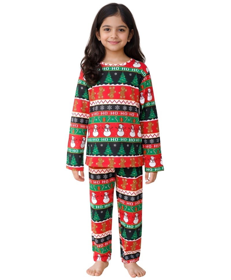 ANTHRILO Pajama T-Shirt Set for Girls | Kids Night Suit for Girls | Nightwear | 100% Cotton Pyjama Set Christmas Red Print | Long Sleeve T-Shirt and Pajama | 8-9 Years - Image 1