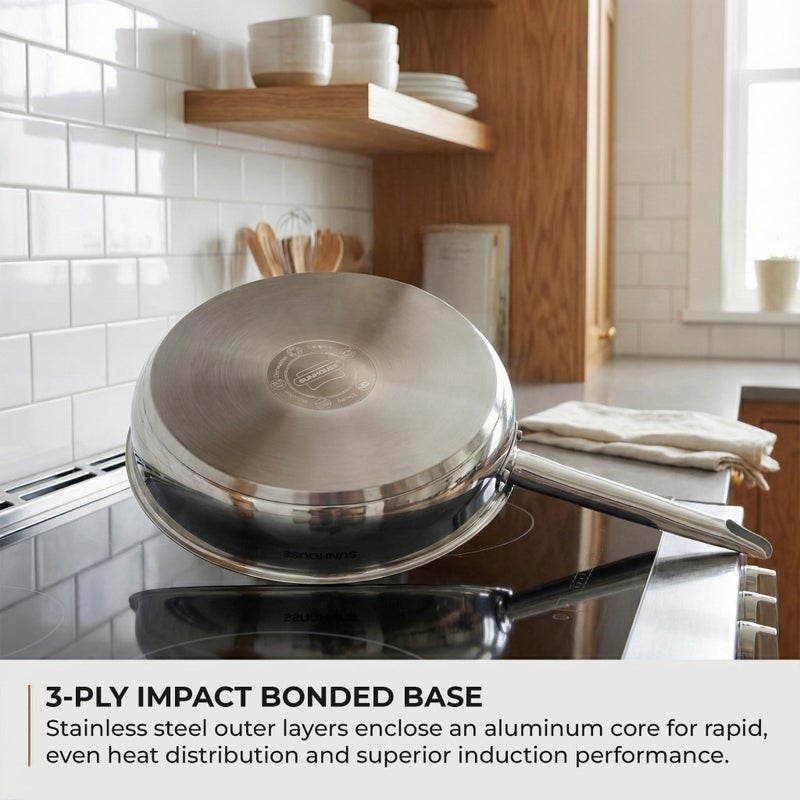 Sunhouse 8 Inch Tri-Ply Stainless Steel Frying Pan, Whole-Clad No Coatings Skillet with Stay-cool Handle for Cooking, Durable & Oven Safe to 500Â°F, Dishwasher Safe, Compatible with All Cooktops - Image 4