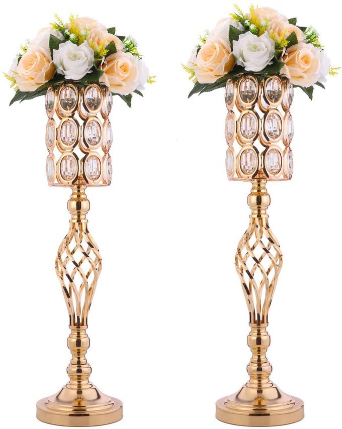 24IN METAL DIAMOND CRYSTAL WEDDING CENTERPIECE VASES FOR TABLES SET OF 2 GOLD VERSATILE TALL FLOWER HOLDERS CENTERPIECE FLOWER STANDS FOR WEDDING PARTY RECEPTION DINING ROOM LIVING ROOM DCOR