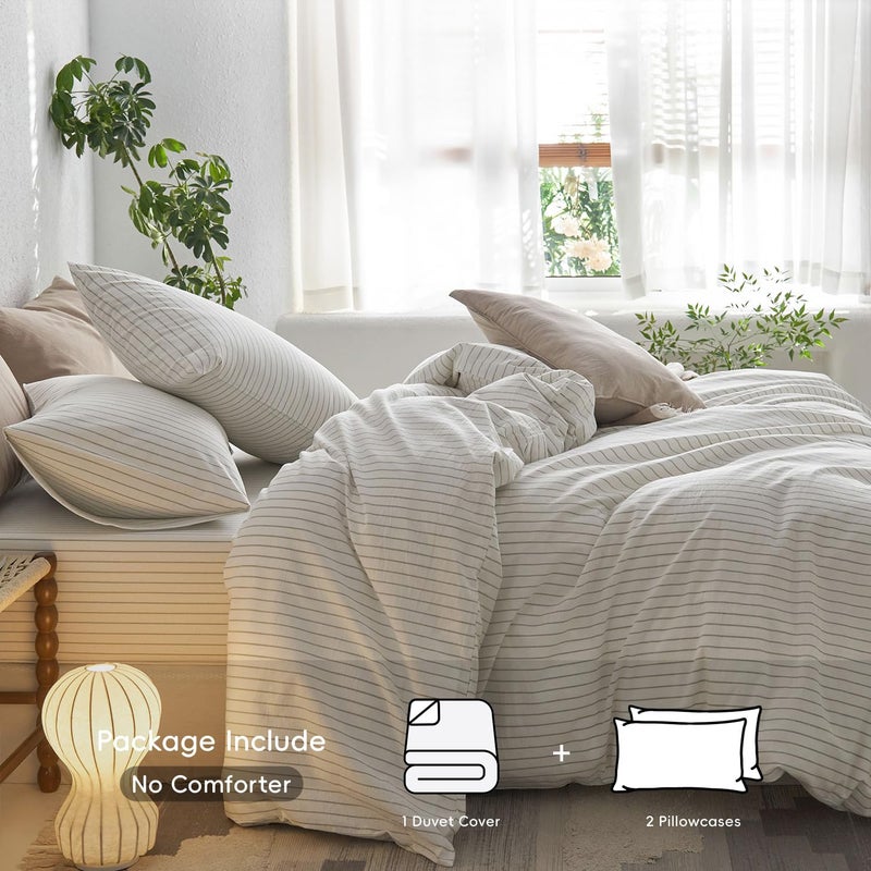 MooMee Striped Duvet Cover Set 100% Washed Cotton Linen Like Textured Breathable Durable Soft Comfy (White Sage Green Wide Stripes, King 104"x90") - Image 2