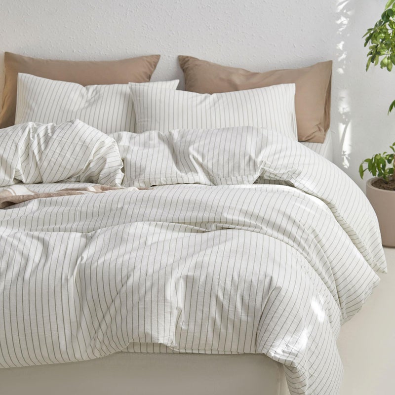 MooMee Striped Duvet Cover Set 100% Washed Cotton Linen Like Textured Breathable Durable Soft Comfy (White Sage Green Wide Stripes, King 104"x90") - Image 5