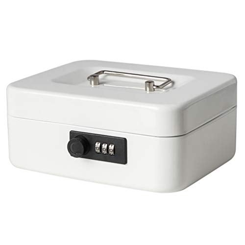 Jssmst Medium Cash Box with Combination Lock - Durable Metal Cash Box with Money Tray White,7.87 x 6.3 x 3.35 inches, SM-CB07005M - Image 1