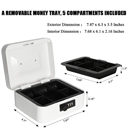 Jssmst Medium Cash Box with Combination Lock - Durable Metal Cash Box with Money Tray White,7.87 x 6.3 x 3.35 inches, SM-CB07005M - Image 3