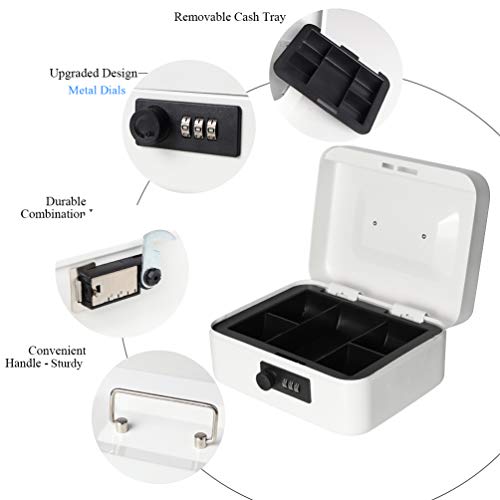 Jssmst Medium Cash Box with Combination Lock - Durable Metal Cash Box with Money Tray White,7.87 x 6.3 x 3.35 inches, SM-CB07005M - Image 4