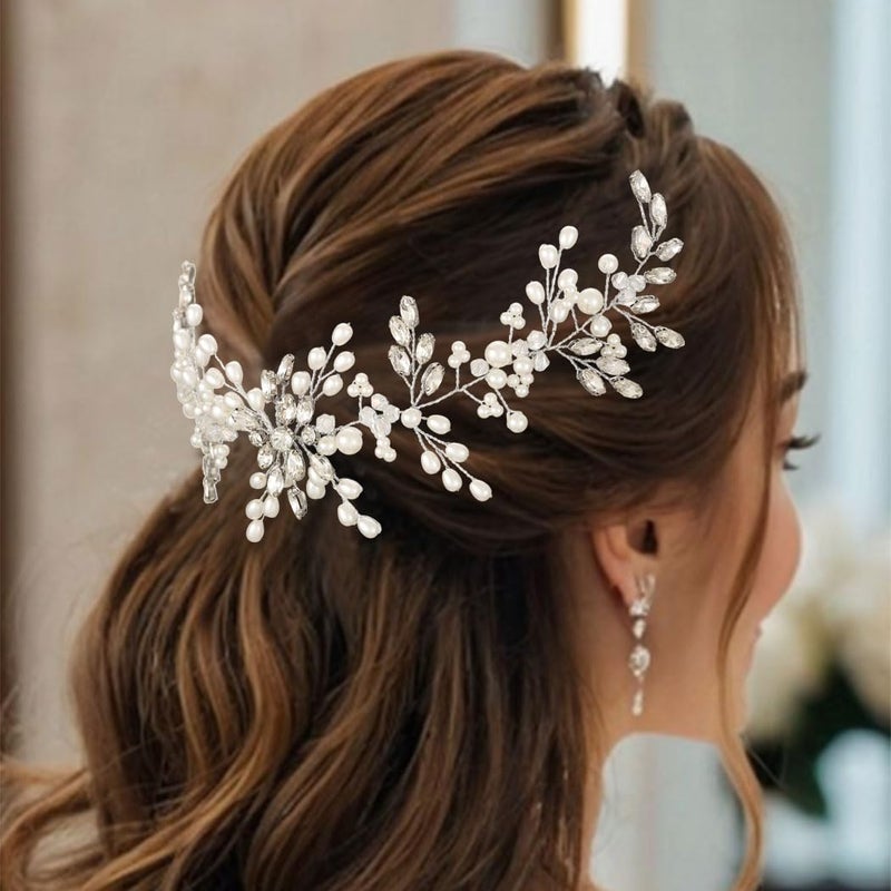 Asooll Wedding Headbands Silver Pearl Hair Pieces Rhinestone Bridal Hair Accessories for Women - Image 4