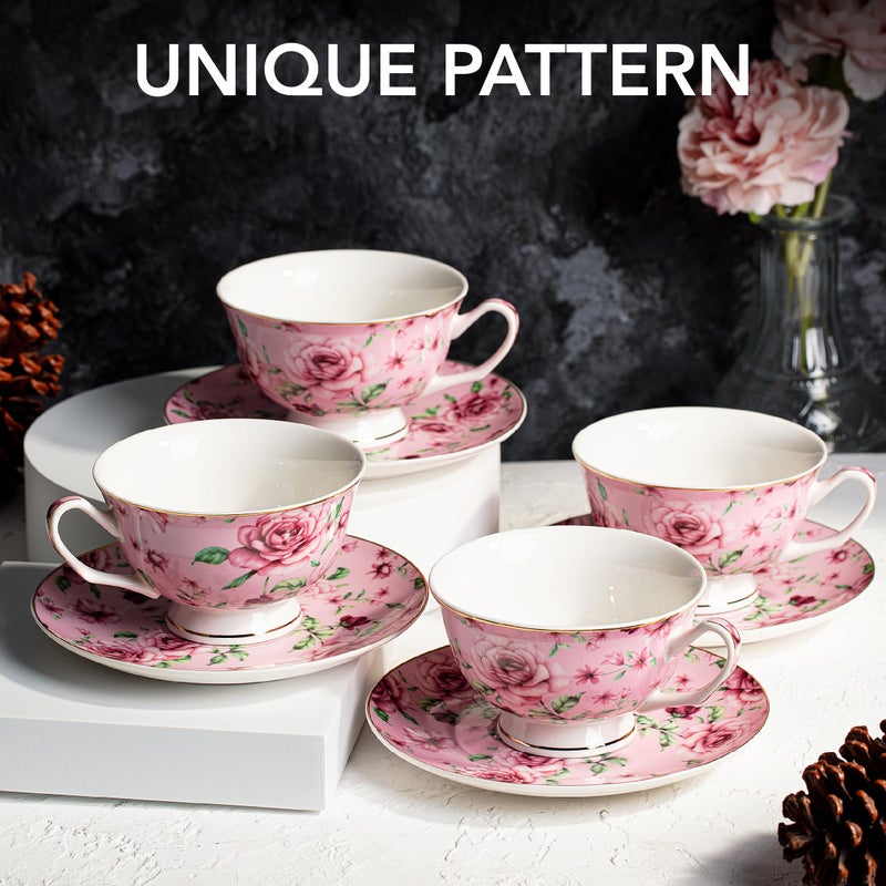 Brew To A Tea BTaT- Floral Tea Cups and Saucers, Set of 4, 8 oz, Fine Porcelain Teacup Set with Gold Trim for Afternoon Tea, Weddings, Parties & Gifting, Dishwasher Safe and Freezer Safe - Image 2