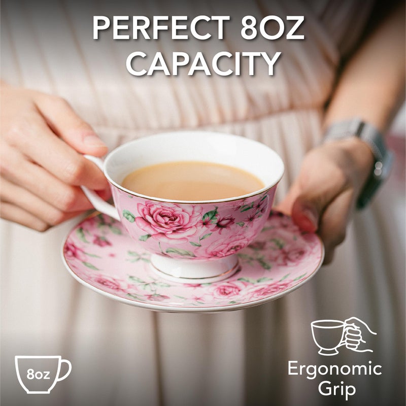 Brew To A Tea BTaT- Floral Tea Cups and Saucers, Set of 4, 8 oz, Fine Porcelain Teacup Set with Gold Trim for Afternoon Tea, Weddings, Parties & Gifting, Dishwasher Safe and Freezer Safe - Image 3