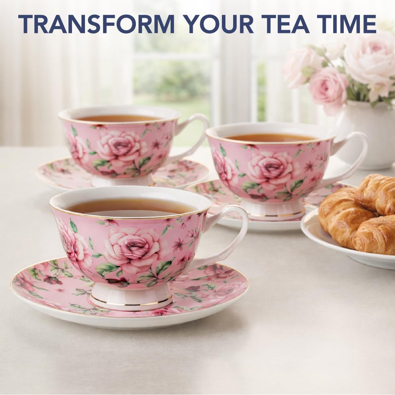 Brew To A Tea BTaT- Floral Tea Cups and Saucers, Set of 4, 8 oz, Fine Porcelain Teacup Set with Gold Trim for Afternoon Tea, Weddings, Parties & Gifting, Dishwasher Safe and Freezer Safe - Image 5