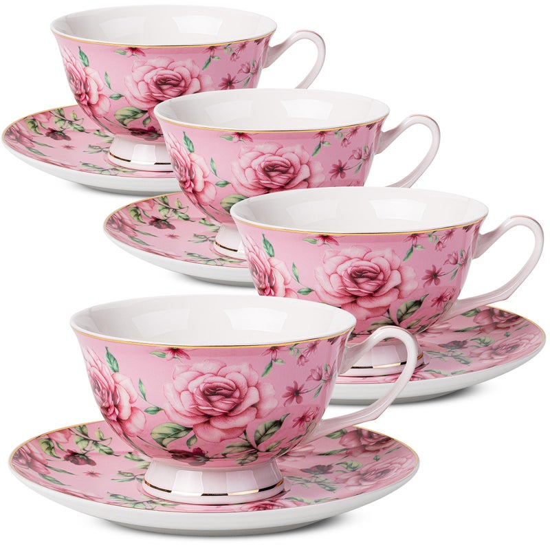 Brew To A Tea BTaT- Floral Tea Cups and Saucers, Set of 4, 8 oz, Fine Porcelain Teacup Set with Gold Trim for Afternoon Tea, Weddings, Parties & Gifting, Dishwasher Safe and Freezer Safe - Image 1
