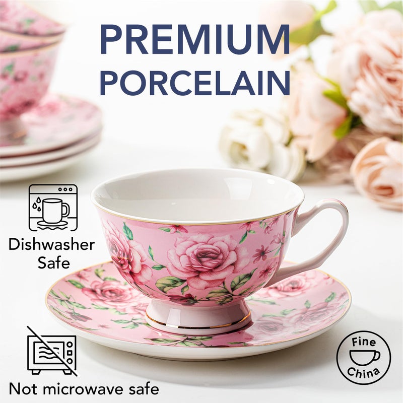 Brew To A Tea BTaT- Floral Tea Cups and Saucers, Set of 4, 8 oz, Fine Porcelain Teacup Set with Gold Trim for Afternoon Tea, Weddings, Parties & Gifting, Dishwasher Safe and Freezer Safe - Image 4