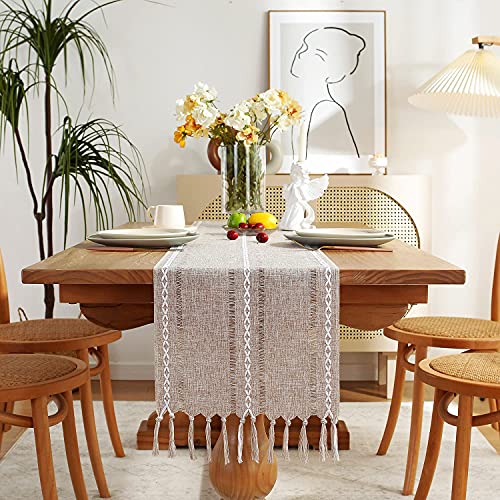 Chassic Fall Rustic Farmhouse Style Linen Table Runner Boho Handmade Tassel Table Runners 108 Inches Long for Holiday Party Thanksgiving and Dining Decorations 13 x 108 inch  Light Coffee