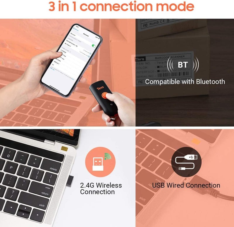 Tera Mini 1D 2D QR Wireless Barcode Scanner, Waterproof Shockproof Pocket Scanner, 3-in-1 BT & USB Wired & 2.4G Bar Code Reader Portable Image Scanner Work with iOS, Windows, Android 1100D - Image 3