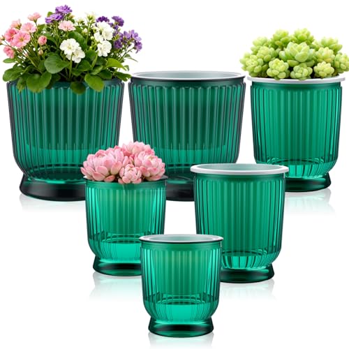 Ferrochef Set of 6 Self Watering Plant Pot 3 Sizes Plastic Double Layer Self Watering Flower Pot with Multi Mesh Drainage Holes Wicking Reservoir for Indoor Outdoor Garden PlantsGreen - Image 1