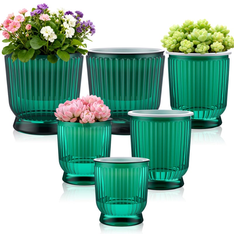 Ferrochef Set of 6 Self Watering Plant Pot 3 Sizes Plastic Double Layer Self Watering Flower Pot with Multi Mesh Drainage Holes Wicking Reservoir for Indoor Outdoor Garden PlantsGreen - Image 2
