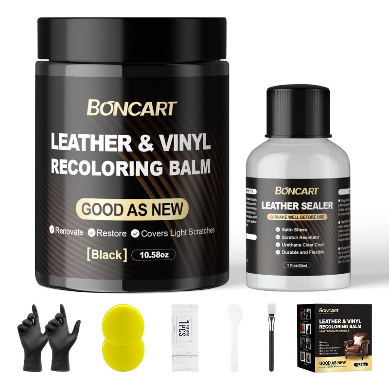 Boncart Leather Recoloring Balm with Leather Sealer, 10.58oz Leather Color Restorer, Leather Repair Kit for Vinyl Furniture Shoes Car Seats Bags, Black Leather Dye Paint Leather Scratch Repair (Black Color) - Image 1