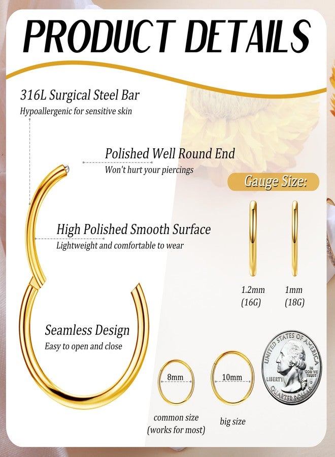 Staligue 3pcs Nose Rings Hoops - 316L Surgical Steel Hinged Nose Hoops 16G/18G/20G CZ Clicker Septum Nose Ring Lip Helix Cartilage Hoop Earring Daith Rook Conch Body Piercing Jewelry for Women Men 8mm 10mm, 18 - Image 2