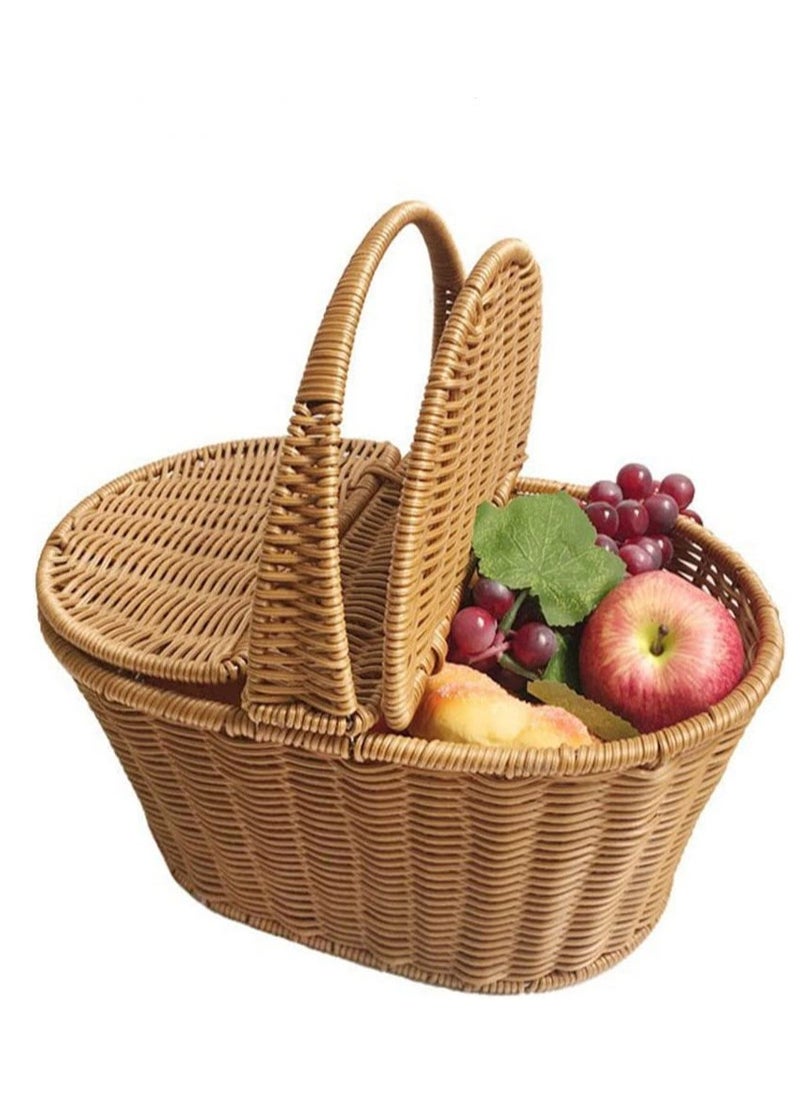 LINGWEI Picnic Campaign Basket with Double Lid Large Brown 49x40x30cm  - Image 1