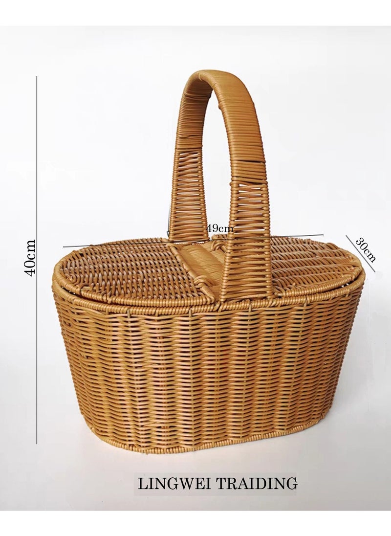 LINGWEI Picnic Campaign Basket with Double Lid Large Brown 49x40x30cm  - Image 4
