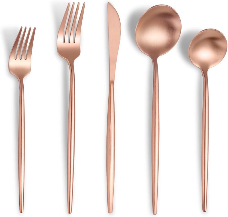 Jumix Rose Gold Silverware Set of 5 Piece 430 Stainless Steel Flatware Cutlery Set Kitchen Black Utensils Tableware 1 Knife 2 Fork and 2 Spoon - Image 1