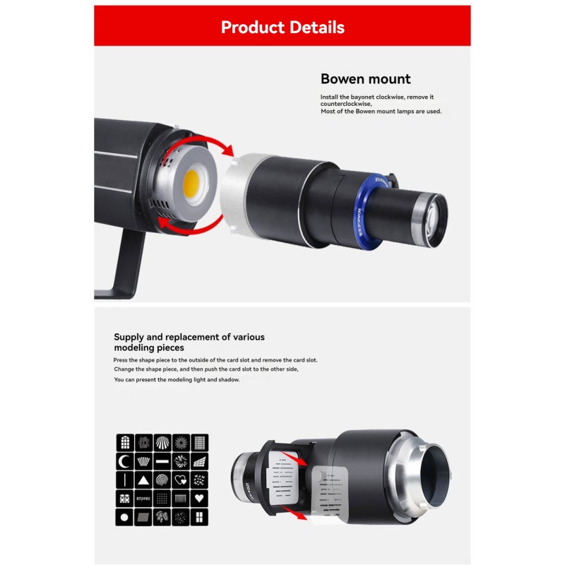 Projection Spotting Cylinder 60mm Bowens Bayonet - Aluminum Alloy Durable Construction Conical Snoot with 25 Projection Modelling Sheets 4 Color Sheets for Portrait Newborn Wedding Fashion Photography - Image 2