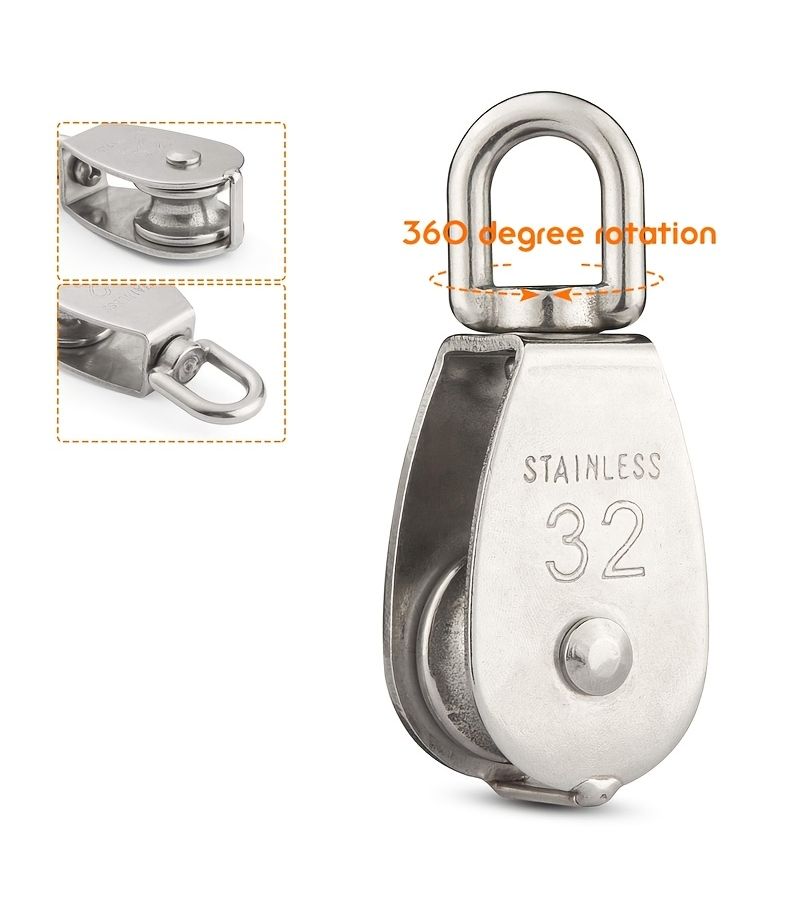 2 Pcs M32 Stainless Steel Single Pulley Roller Free Rotation Easy Operation Low Friction Rope Pulley Block - Image 5