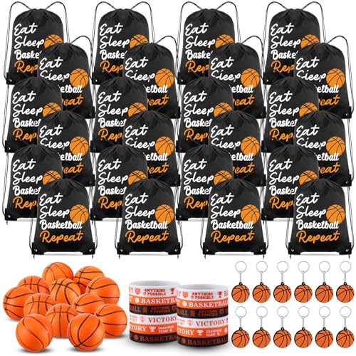 MiniInflat 96 Pcs Basketball Party Favors Include 24 Basketball Drawstring Bags 24 Basketball Keychain 24 Silicone Basketball Bracelets 24 Mini Stress Ball for Sports Supplies Decorations - Image 1