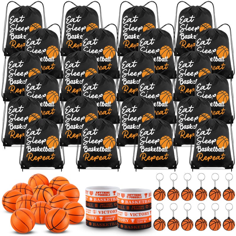 MiniInflat 96 Pcs Basketball Party Favors Include 24 Basketball Drawstring Bags 24 Basketball Keychain 24 Silicone Basketball Bracelets 24 Mini Stress Ball for Sports Supplies Decorations - Image 3