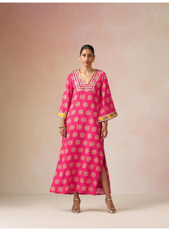 trueBrowns Pink Boota Print Viscose Straight Maxi Dress - Image 2