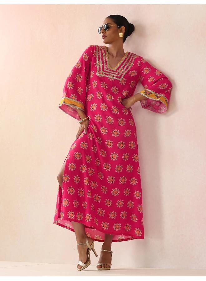 trueBrowns Pink Boota Print Viscose Straight Maxi Dress - Image 1