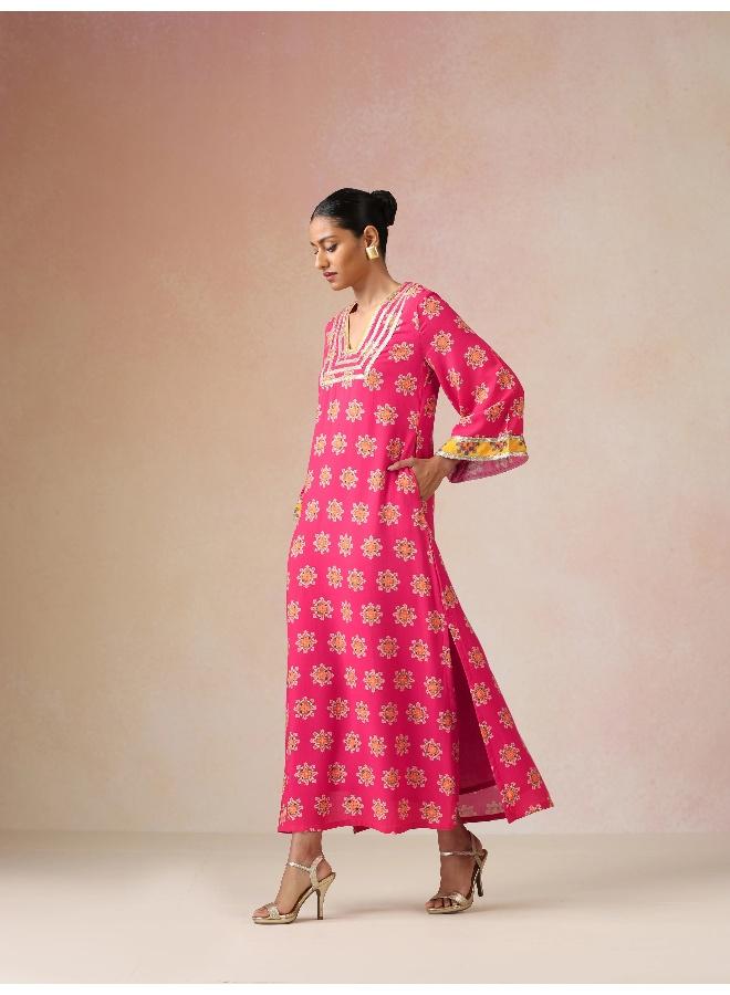 trueBrowns Pink Boota Print Viscose Straight Maxi Dress - Image 3