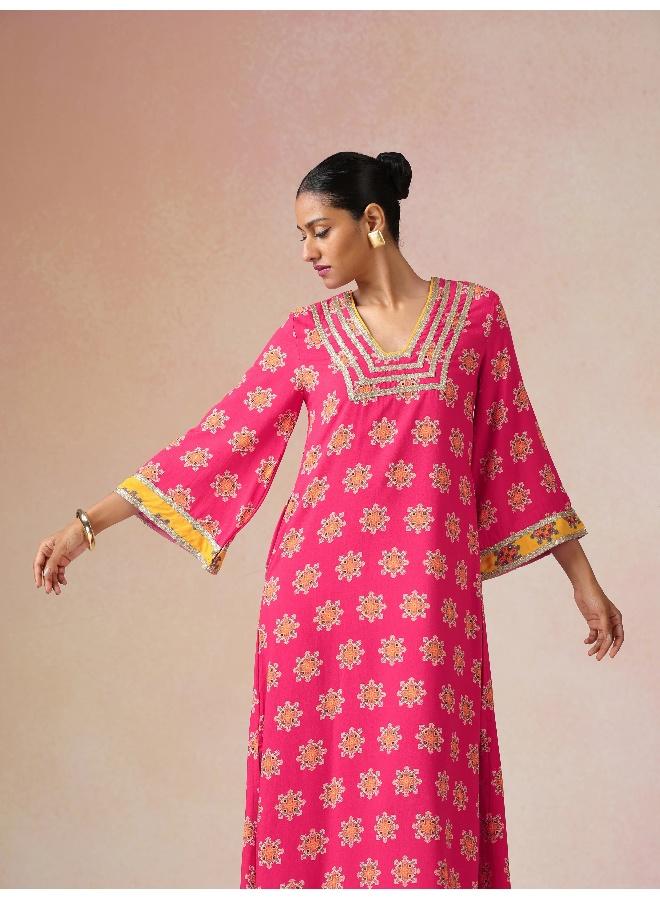 trueBrowns Pink Boota Print Viscose Straight Maxi Dress - Image 4
