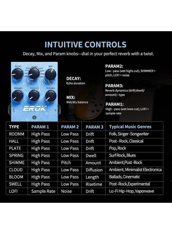 EROK Mini Universe Reverb Pedal 9 Reverb Effects Room/Shimmer/Lofi/Spring Reveb Effect Pedals Electric Guitar Pedal - Image 2