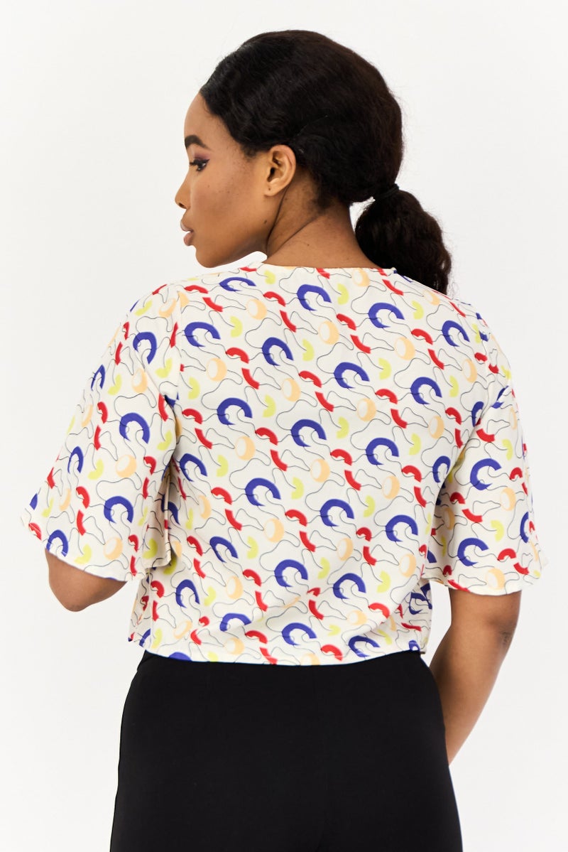 ONLY بلوزة نسائية بأكمام قصيرة وطباعة شاملة على شكل حرف V، متعددة الألوان - Image 3