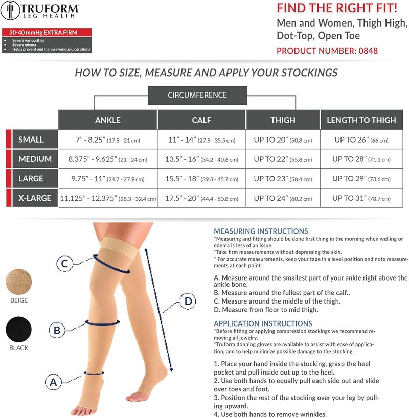 Truform 30-40 mmHg Compression Stockings for Men and Women, Thigh High Length, Open Toe, X-Large, Black - Image 2