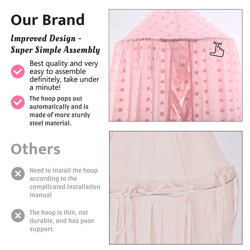 Kishome Kids Bed Canopy for Girls, Pink Crib Canopy Princess Hanging Children Canopy Tent, Toddler Girl Canopy Bed Netting for Baby Room Bedroom Reading Nook, Macrame Lace Boho Nursery Canopy with Pom Pom - Image 2