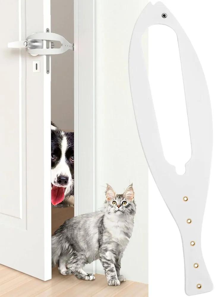 Door handle stopper, door limiter for cats and dogs, adjustable stopper with latch, white. - Image 2