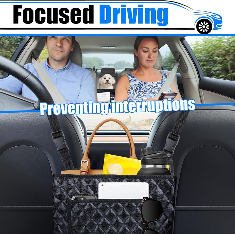 BFXM Car Purse Holder Between Seats, Leather Auto Front Seat Handbag Organizer Pocket, Large Capacity Car Net Pocket Handbag Holder, Backseat Barrier Storage Bag for Kids Pet, Fits for Cars, Trucks, SUVs - Image 3