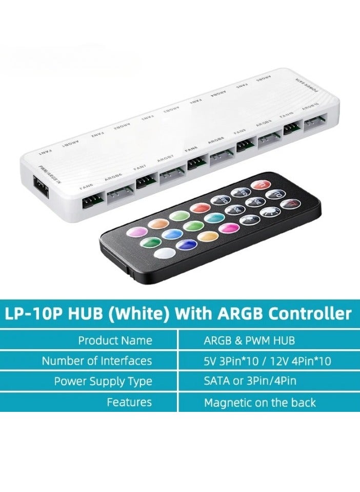 Loquat ARGB Fan Hub, 2 In 1 Portable Fan Hub Adapter, Nine Fan And Nine Led Ports Pc Fan Hub Support, Durable Compact Computer ARGB Fans Splitter, (White, LP10 Hub With ARGB Controller) - Image 1