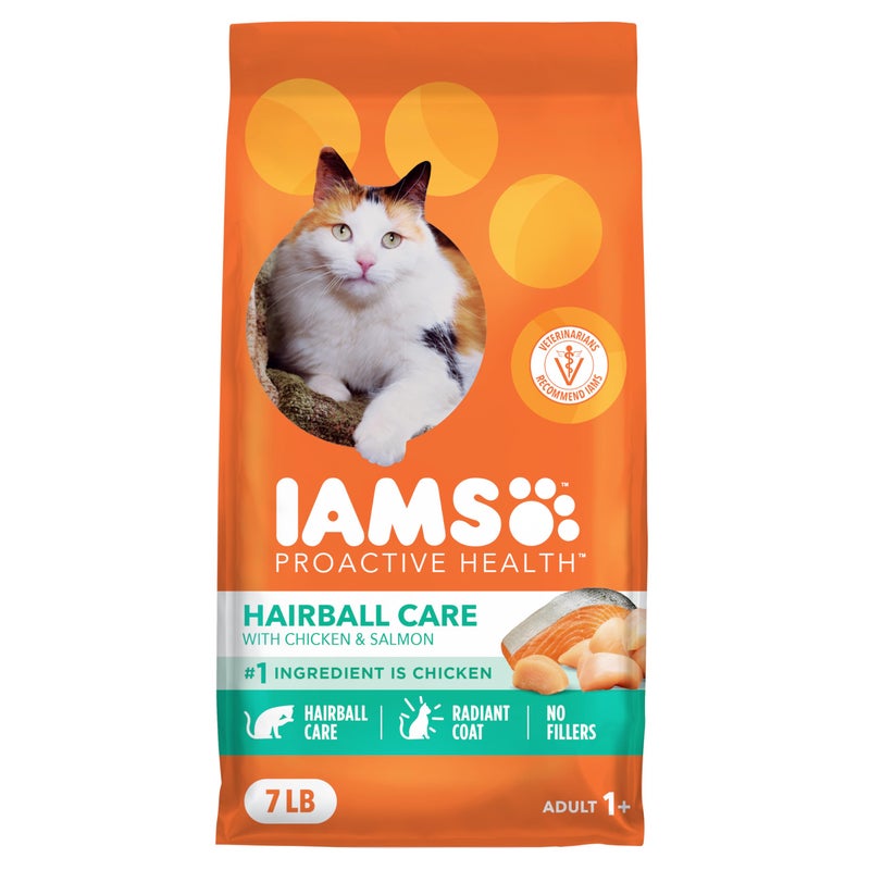 IAMS Proactive Health Dry Cat Food Hairball Care, Adult Cat Food, with Real Chicken and Salmon, 7 lb. Bag - Image 1