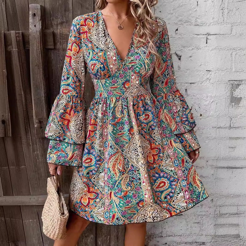 Elegant Women's Floral Print V-Neck Bell Sleeve Dress - Image 4