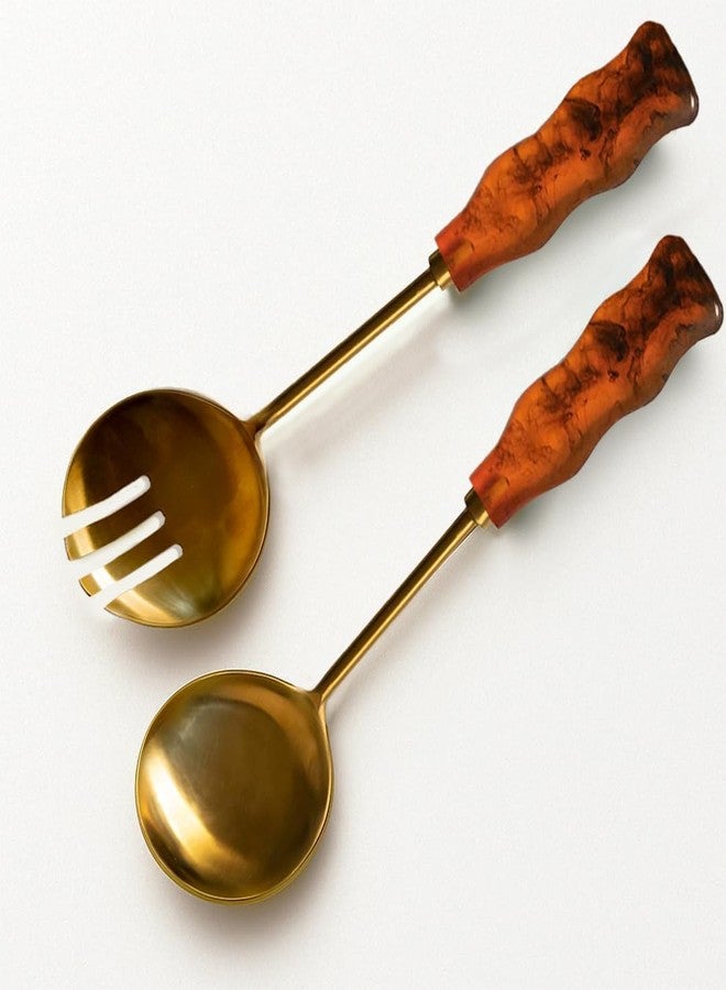 Folkulture Salad Servers or Salad Hands | Brown (12 X 3") Metal with Resin Salad Tongs for Fall Table Decor or Serving Spoons | Tongs for Serving Fruits or Fall Decor | Stainless Steel Salad Forks - Image 1