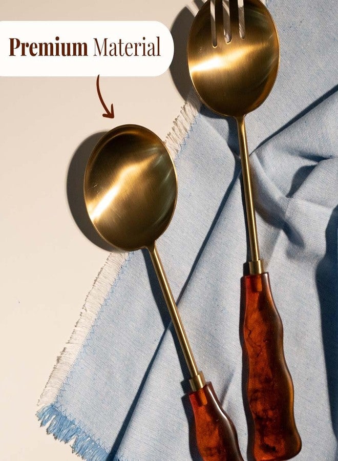 Folkulture Salad Servers or Salad Hands | Brown (12 X 3") Metal with Resin Salad Tongs for Fall Table Decor or Serving Spoons | Tongs for Serving Fruits or Fall Decor | Stainless Steel Salad Forks - Image 2