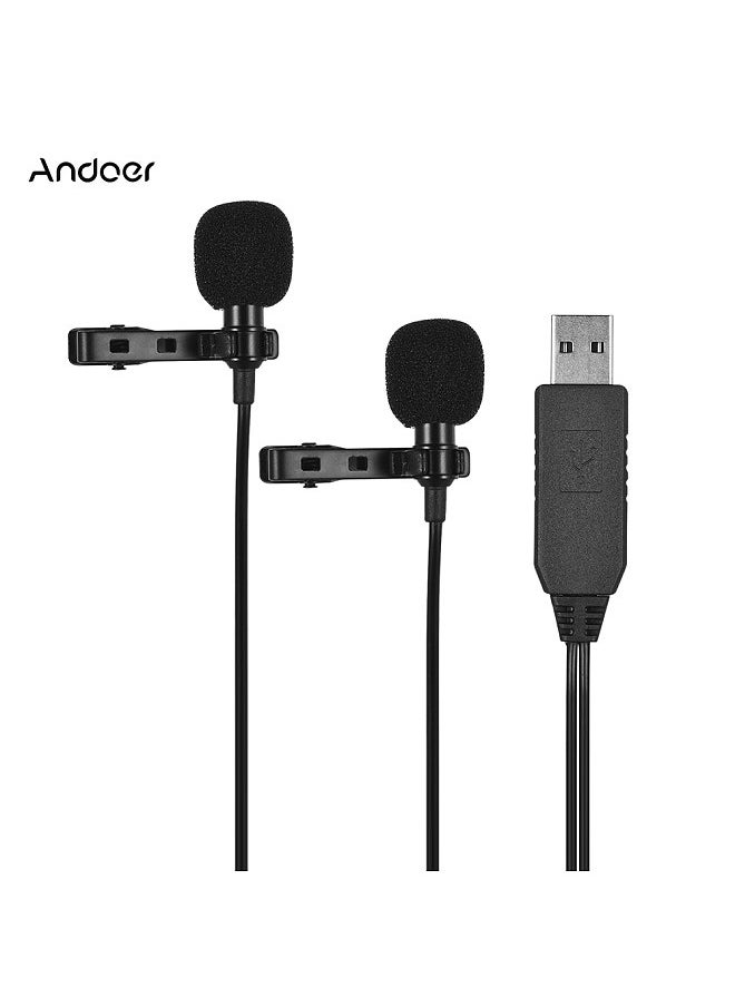 ANDOER - Andoer 6m/20ft USB Dual-head Lavalier Lapel Microphone Clip-on Omnidirectional Computer Mic for Windows Mac Video Audio Recording - Image 1