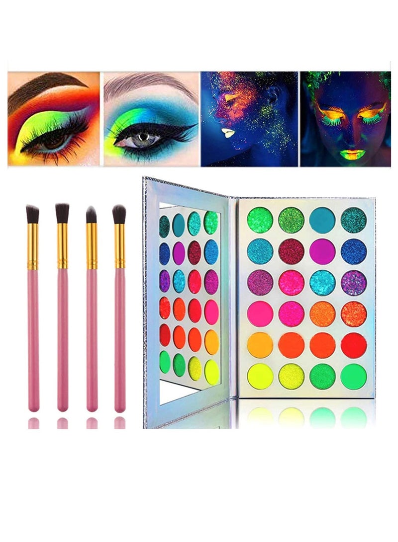 Captaintech Glow in the Dark Makeup, Face Body Paint Neon, Matte, and Glitter, 24 Colors Highly mented Eyeshadow Kit with 4 Brushes for New Year Non-Toxic & Smudgeproof - Image 1
