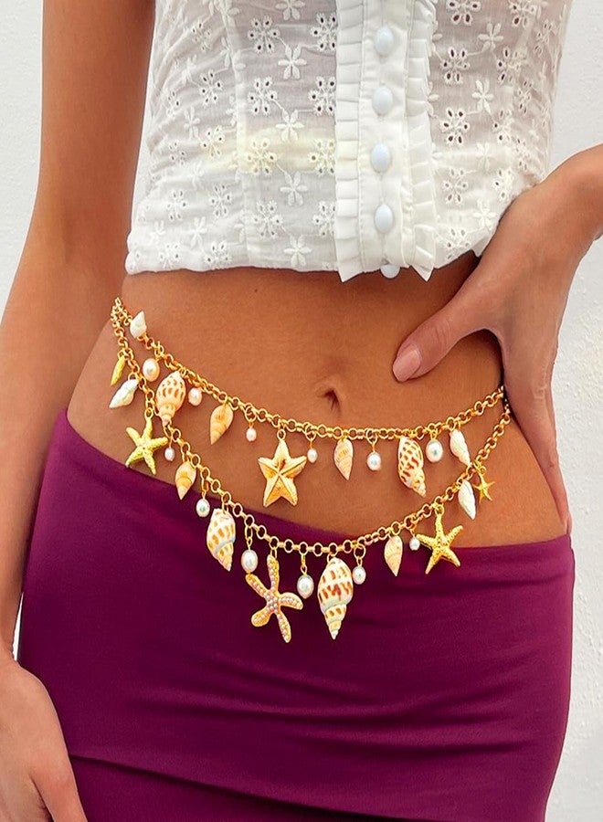 اوريو سلسلة خصر من أوريو على شكل نجم البحر، سلسلة ذهبية للبطن، بيكيني، لؤلؤ، مجوهرات للجسم للشاطئ للنساء - Image 2